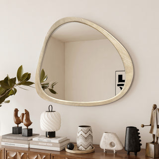  Solid Wood 45-Inch Asymmetrical Wall Mirror – Large Wooden Framed Mirror, Natural Wood Washed Finish, Perfect for Living Room, Bedroom, Bathroom, Hallway, or Entryway
