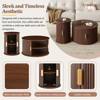 Walnut Mid-Century Nesting Coffee Table Set with Sliding Tambour Door - 2-Piece Fluted Storage Tables