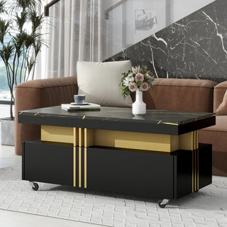 Black Faux Marble Contemporary Coffee Table with Gold Accents &amp; Caster Wheels
