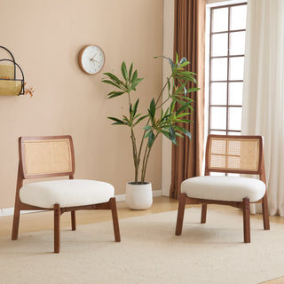 [Set of 2] Modern Beige Lounge Chair with Woven Backrest, Sturdy Wooden Frame, Minimalist and Elegant Accent Seating for Living Room, Bedroom, or Office