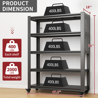 Heavy Duty Metal Shelving Unit with Pegboard and Wheels for Versatile Storage, Black, 18'D x 47.2'W x 78'H