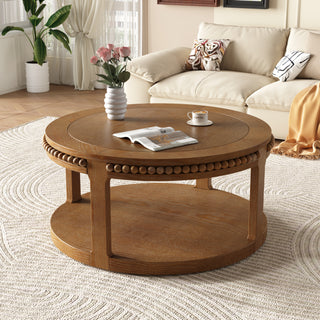 31.5" Round Solid Wood Walnut Coffee Table - 2-Tier Thickened Top Center Table