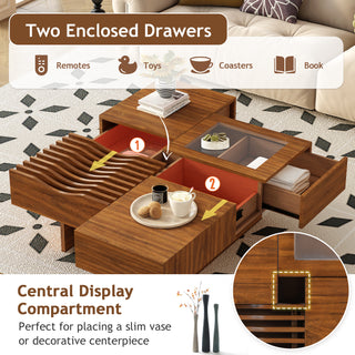 U-Can 33''Mid Century Modern Coffee Table,Unique Square Wooden Coffee Table with 3 Drawers, Tempered glass and Solid Wood Legs for Living Room