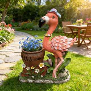Outdoor Garden Sculpture Flamingo Flower Pot Planter - Unique Yard Statue Decoration, Interesting Law Outdoor Ornament