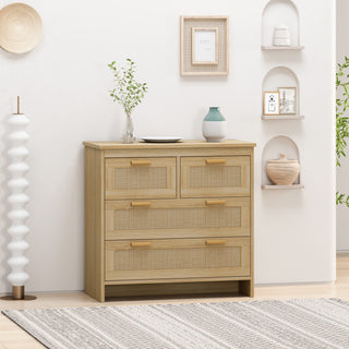 Modern Natural Rattan Cabinet with 4 Drawers - 31.5" Particle Board Storage Dresser