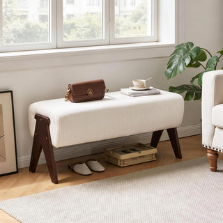 Modern Decorative Chenille Fabric Bench, Ergonomic Padded Entry Bench with Solid Wood Legs, Upholstered Ottoman Bench for Foyer Bedroom Living Space