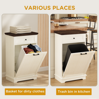 10 Gallon Tilt Out Trash Cabinet Freestanding Trash Bin Cabinet Wood Garbage Recycling Cabinet with Drawer Pet Proof Trash Can Holder for Kitchen Living Room, Antique White (Not include trash can)
