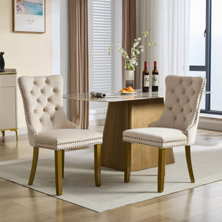 Mid-Century Modern Dining Chairs Set of 2 – High-End Tufted Velvet Upholstered Chairs with Lion Head Pull Ring, Golden Wooden Legs &amp; Nailhead Trim, Contemporary Luxury Side Chairs - Beige SW1201BG