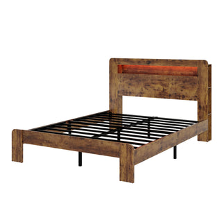 Wood Platform Bed Frame King Size with LED Storage Headboard and USB Ports, Dark Brown