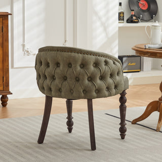 Hand-pulled buckle decoration PU Dining Chair,Accent Leisure Chair, Mid-Century Modern Arm Chair with Solid Wood Armrests and Legs, 1-Seat Cushioned Sofa for Living Room Bedroom,Olive Green color