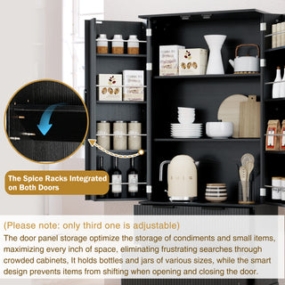 72" Modern Fluted Black Kitchen Pantry Cabinet - 8-Door Spice Rack and Drawers