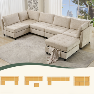 [New Arrival] Modular U-Shaped Sectional Sofa with Storage Ottoman – 6-Seat Convertible Chenille Couch, Beige, Video Provided
