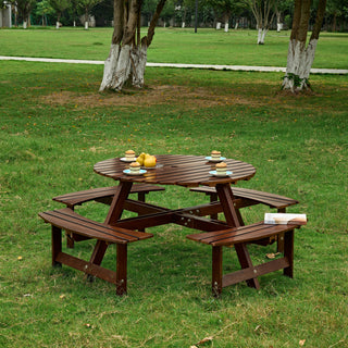 Outdoor 8-Person Round Picnic Table | Wooden Picnic Table with 4 Built-In Benches & Umbrella Hole | Patio, Garden & Backyard Table and Bench Set – Brown