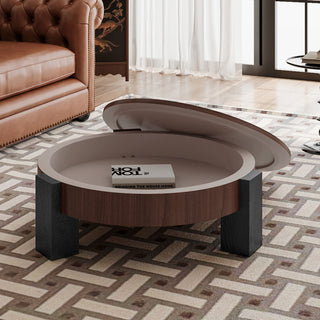 33'' Round Coffee Table with Hidden Storage, Modern Wabi-Sabi Wood Parquet Veneer Top Table, 3 Block Legs Sturdy Center Accent Table for Living Room,  Small Space, Walnut & Black