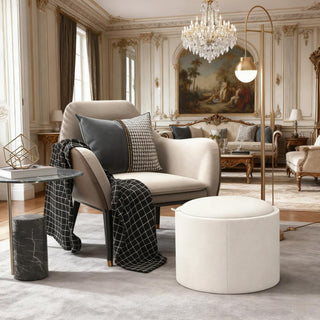 Round Storage Ottoman with Flip Top Tray Linen Fabric Upholstered Footstool