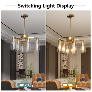 6-Light Gold Chandelier with Clear Glass Shades – Modern Pendant Lighting for Dining Room, Kitchen Island, Living Room, Entryway, Stairwell, Bedroom