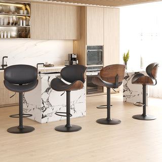 A&A Pro-Sit Series: Set of 2 Bentwood Kinetic Swivel Bar Stools – High-Torque Pneumatic Height Adjustment, Precision-Contoured PU-Leather Interface, Reinforced Alloy Pedestal & Ergonomic Footrest Module (Obsidian Black & Walnut)