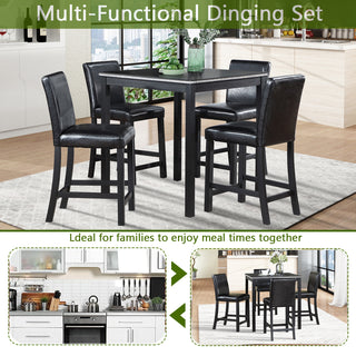 5PCs Counter Height Table Set, Wooden Kitchen Table Set with Square Table and 4 Upholstered Chairs, Counter Height Dining Table with Crystal Decoration and Chair Set for Kitchen, Dining Room, Black