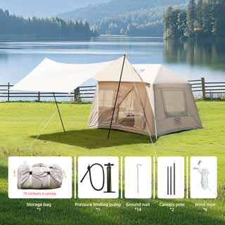 5.72m² Inflatable Camping Tent, Easy Setup 4 Season Windproof Glamping Tent with Mesh Windows & Pump, Outdoor Cotton Tent
