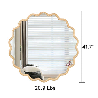 Solid Wood Wavy Mirror – 42" x 42" Natural Wood Vanity Mirror Wall Decor for Bathroom, Bedroom, Living Room, Dining Room, Entryway