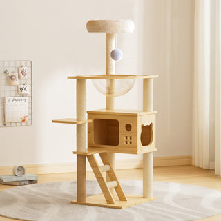 48.8" Modern Cat Tree Tower – Wooden Cat Condo with Acrylic Hammock, Sisal Scratching Posts & Perch for Indoor Cats