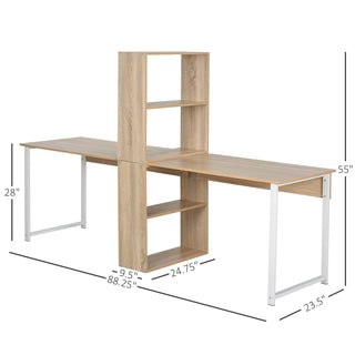 HOMCOM 88" Extra Long 2-Person Computer Desk with Storage Shelves Combo – Double Workstation Writing Table for Home Office, Study, and Bookshelf, Natural Wood Color