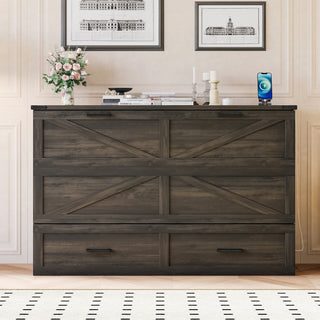 Rustic Gray Queen Murphy Cabinet Bed - Farmhouse Guest Bed with Charging Station