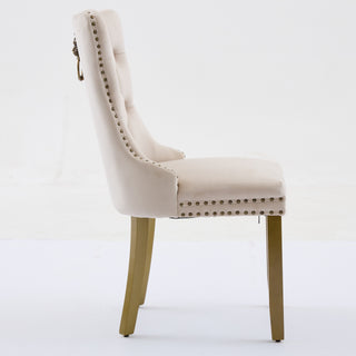 Mid-Century Modern Dining Chairs Set of 2 – High-End Tufted Velvet Upholstered Chairs with Lion Head Pull Ring, Golden Wooden Legs &amp; Nailhead Trim, Contemporary Luxury Side Chairs - Beige SW1201BG