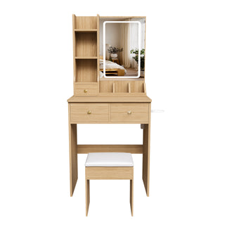 Modern Small Vanity Desk with 3 LED Lighting Modes, 3 Drawers, Hair Dryer Holder, Power Socket, and Dressing Chair in Natural Walnut MDF