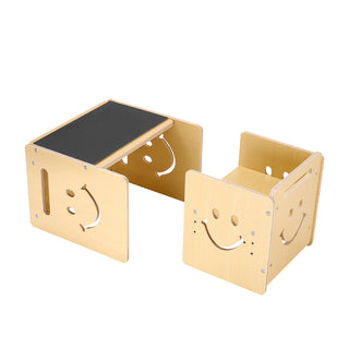 Montessori Weaning Table and Chair Set, 3 in 1 Wooden Toddler Table and Chairs with Chalkboard, Adjustable Height Montessori Table for Ages 1-5, Ideal for Drawing, Reading, Eating - Natural