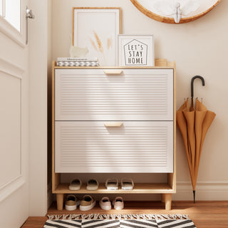 31.5” Nordic Style Shoe Storage Cabinet with 2 Flip Drawers – Narrow Entryway Shoe Rack Organizer with Solid Wood Legs, White & Natural Wood