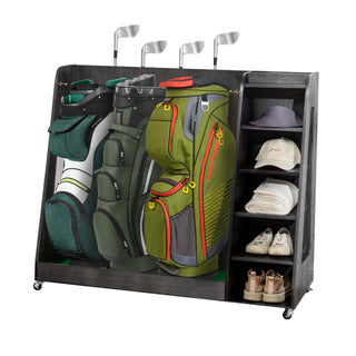 Gray Wooden Golf Bag Storage Rack with 3 Drawers, Holds 2 Stand Bags & 14+ Clubs, Organizer for Golf Balls, Shoes & Accessories, Heavy Duty for Garage, Indoor Outdoor Use, Easy Assembly