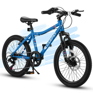 Ecarpat 20 Inch Kids' Mountain Bike, 7 Speed, Blue, Carbon Steel Frame, Front Suspension, Ages 8-12