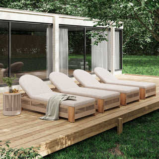 Outdoor Rope Chaise Lounge Set – 3-Piece Patio Furniture with Adjustable Backrests, Teak-Look Acacia Wood Side Table, Beige Cushions, Beige Rope Design – Ideal for Poolside & Garden Lounging