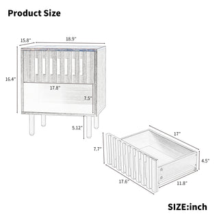 2 Set Nightstands with Grille Striped Doors, Mid Century Modern Bedside Table with Slatted Drawer Decor and Metal Legs, Night Stand for Bedroom