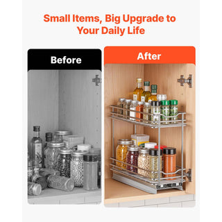 2-tier pull out spice rack organizer for cabinet in silver carbon steel