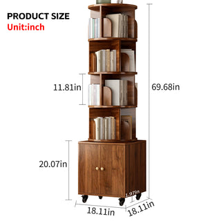 360° Rotating 5-Tier Corner Bookshelf – Floor-Standing Narrow Bookcase with Drawer, Walnut Color for Bedroom & Living Room