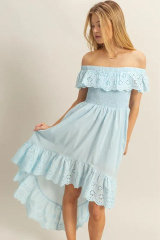 HYFVE High-Low Eyelet Ruffled Off-Shoulder Dress