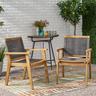 Outdoor Dining Chair Set of 2, Dark Grey Rope, Acacia Wood Frame