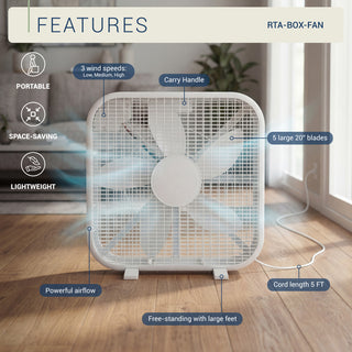 20 Inch Box Fan, 3-Speed Portable Cooling Fan With Carry Handle, Quiet High Velocity Air Circulator, 80W Powerful Airflow, Slim & Lightweight, Floor Fan for Bedroom, Home, Office, Dorm, Garage, White