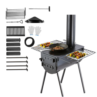 Portable Wood-Burning Camping Stove with Chimney Pipes & Side Shelves