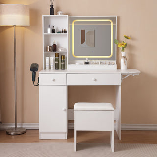 White Vanity Desk with Lighted Mirror & Power Outlet | Makeup Table with Storage Drawers & Cabinet