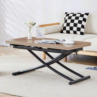 Modern Minimalist Multifunctional Lifting Table – 0.8-Inch Wood Grain Desktop with Black Metal Legs, Versatile Use as Dressing Table, Coffee Table, Dining Table, or Office Table