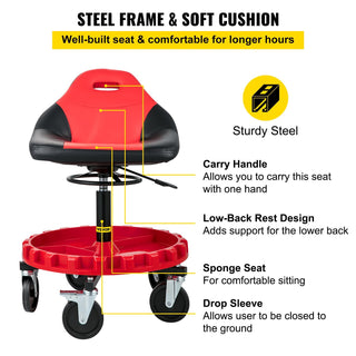 Rolling Gear Seat (300LBS Cap) | 18"-23" Height Adjustable Mobile Mechanic Stool w/ Tool Tray
