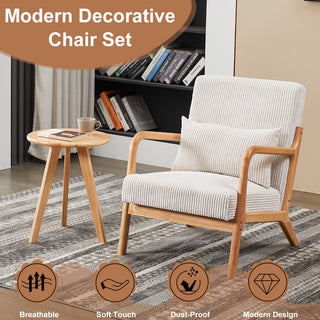 Mid-Century Modern Accent Chair & Coffee Table Set, Beige Lounge Chair with Natural Wood Table, Vintage Luxury Living Room Furniture