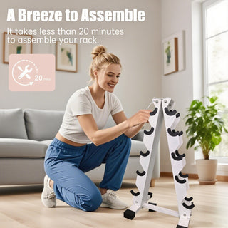 6–10 Pair Dumbbell Set 5–15 lbs – Hex Iron & Rubber Free Weights with Vertical Storage Rack for Home Gym Strength Training