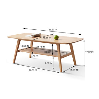 Solid Wood Center Table – Low Coffee Table & Writing Desk with Storage Shelf, 100cm Wide Natural Wood Work Desk for Home, Easy Assembly