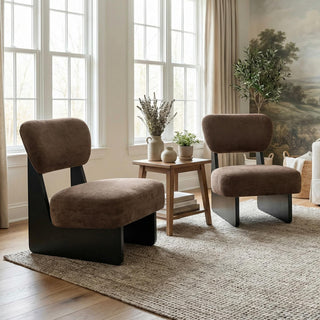 Brown Upholstered Lounge Chairs, Set of 2 with Black Wood Bases