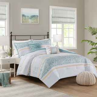 Full/Queen 5 Piece Seersucker Comforter Set with Throw Pillows