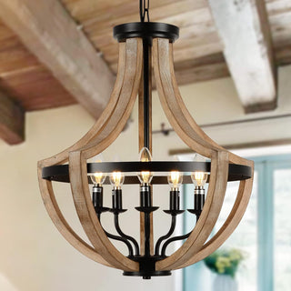 19 inch Farmhouse Chandelier, 5-Light Solid Wood, Brown
